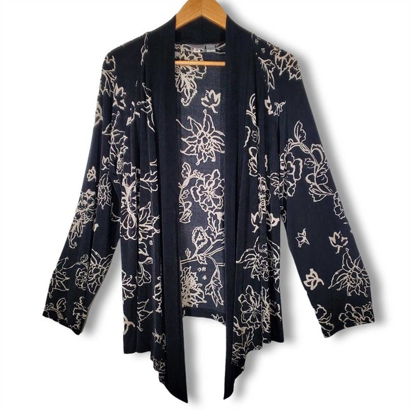 Chico's Sweaters - Chico's Travelers City Floral Open Front Cardigan Black White Size 2 / Large